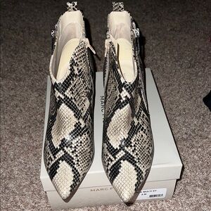 Marc Fisher Black and Cream Snake Print Booties